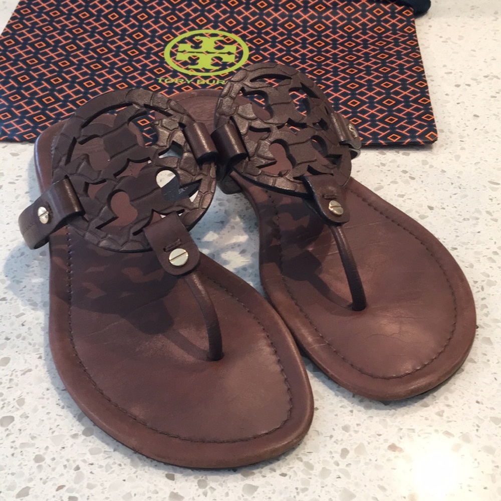 Tory Burch Miller Sandals Croc Brown Leather Sz 10